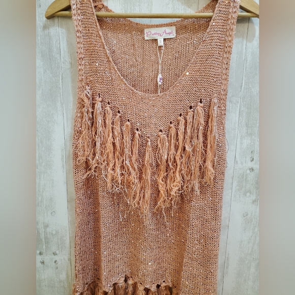 💚5/$25 NWT Pretty Angel Pink Crochet Knit Linen Blend Fringe Sequin Tank Small - Picture 3 of 7